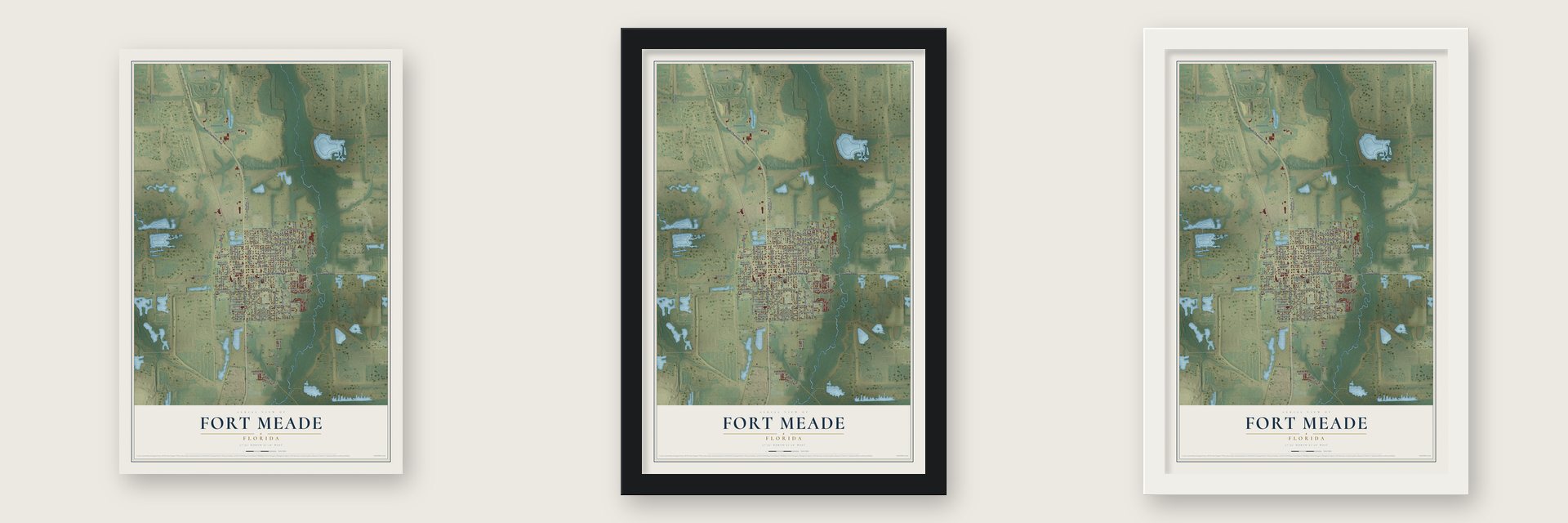 Fort Meade, Florida map unframed, in a black wood frame and in a white wood frame