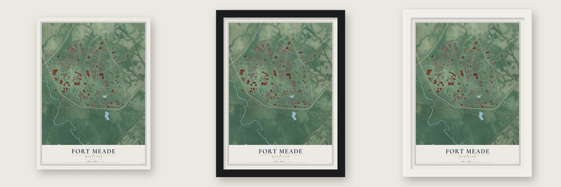 Fort Meade, Maryland map unframed, in a black wood frame and in a white wood frame