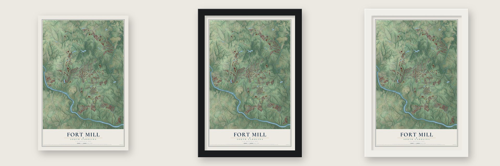 Fort Mill, South Carolina map unframed, in a black wood frame and in a white wood frame