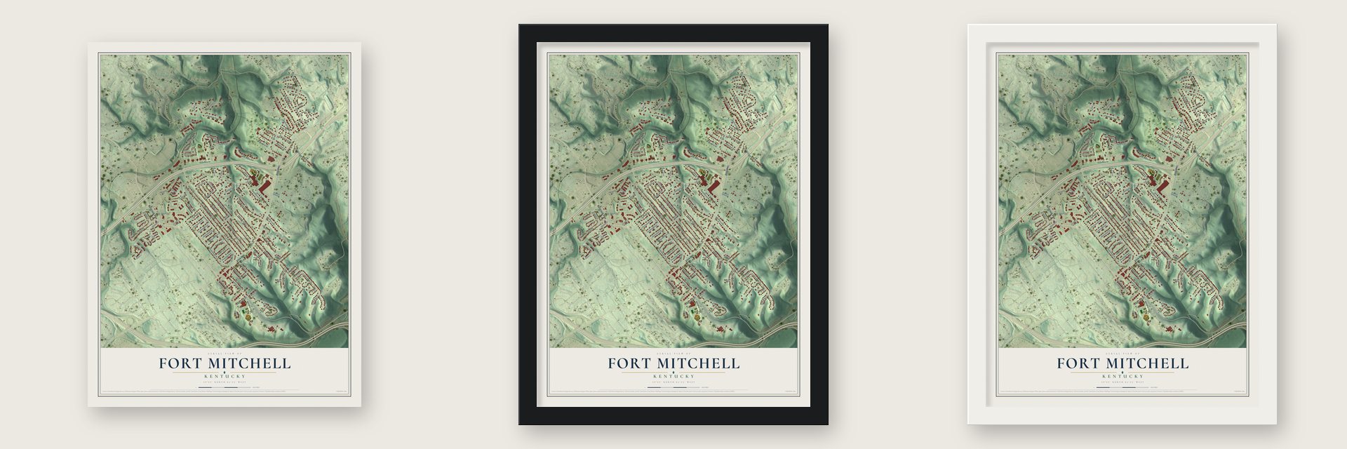 Fort Mitchell, Kentucky map unframed, in a black wood frame and in a white wood frame