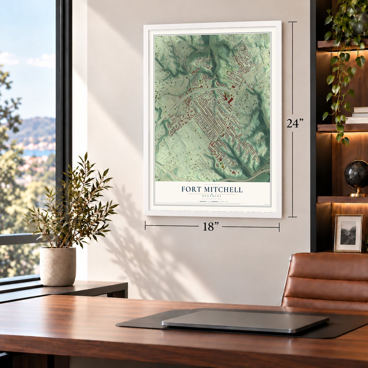 Fort Mitchell, Kentucky map, 18 x 24 inch print in a white frame in a home office