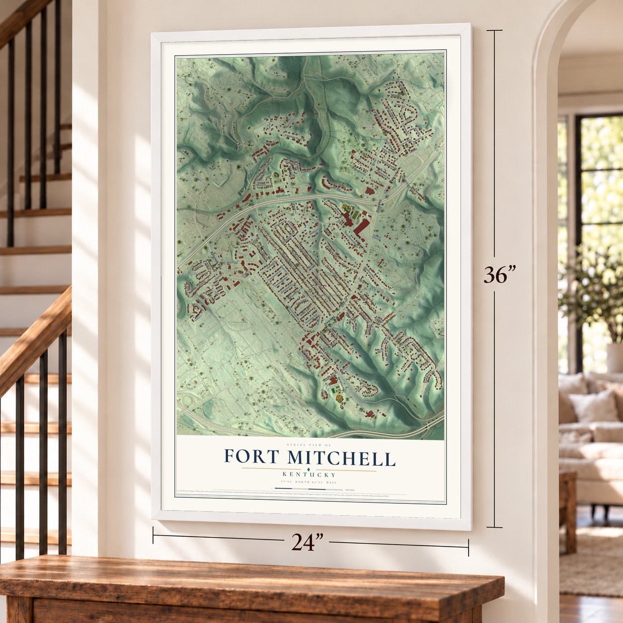 Fort Mitchell, Kentucky map, 24 x 36 inch print in a white frame by a staircase