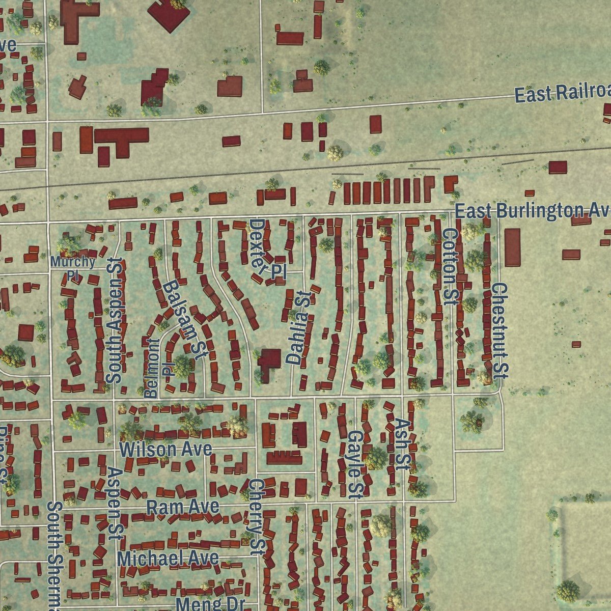 Second close-up of the map of Fort Morgan, Colorado print showing more streets and buildings