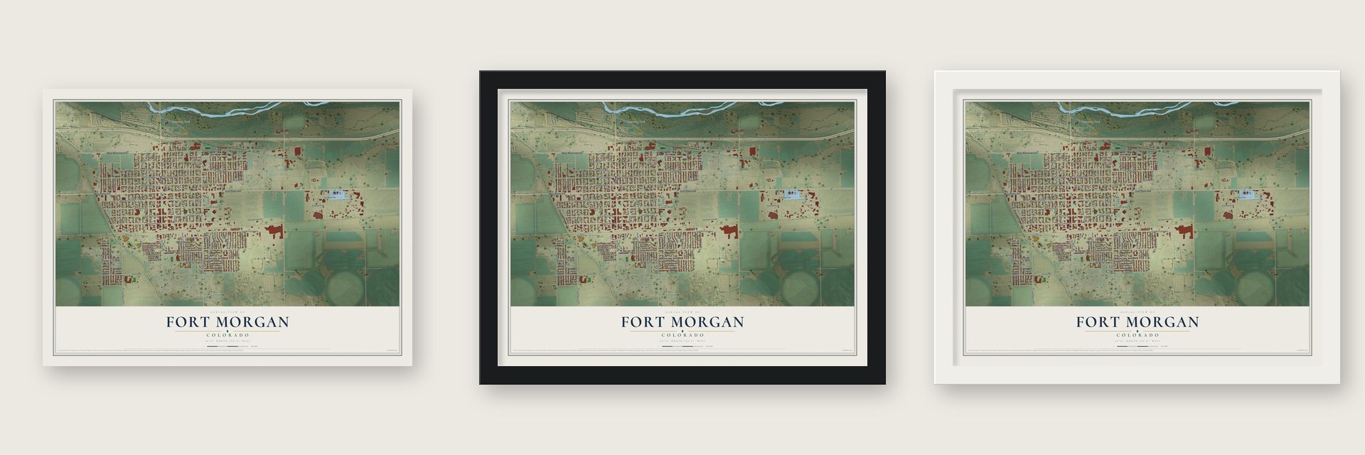Fort Morgan, Colorado map unframed, in a black wood frame and in a white wood frame
