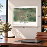 Fort Morgan, Colorado map, 18 x 24 inch print in a white frame in a home office