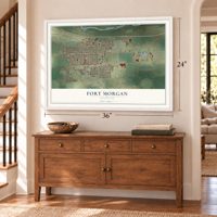 Fort Morgan, Colorado map, 24 x 36 inch print in a white frame above a dresser by a staircase