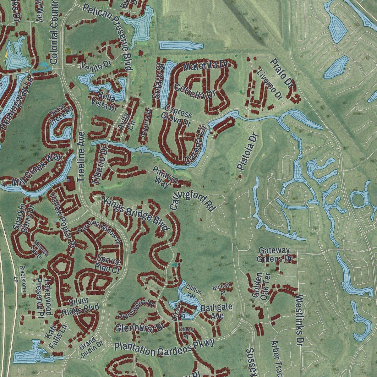 Second close-up of the map of Fort Myers, Florida print showing more streets and buildings