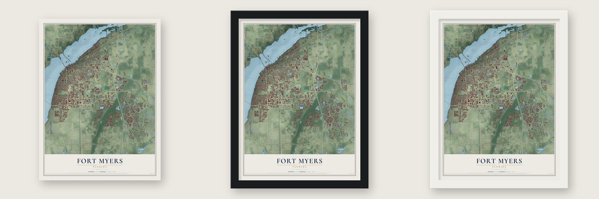Fort Myers, Florida map unframed, in a black wood frame and in a white wood frame