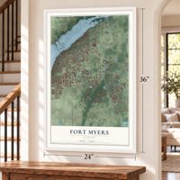 Fort Myers, Florida map, 24 x 36 inch print in a white frame by a staircase