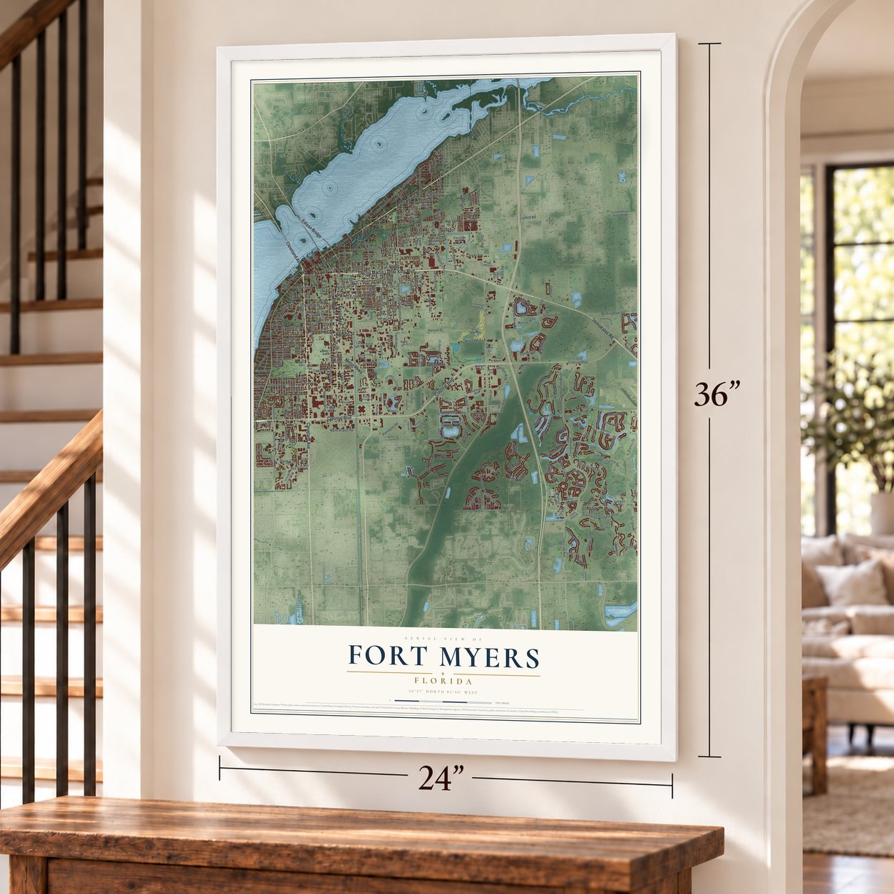 Fort Myers, Florida map, 24 x 36 inch print in a white frame by a staircase
