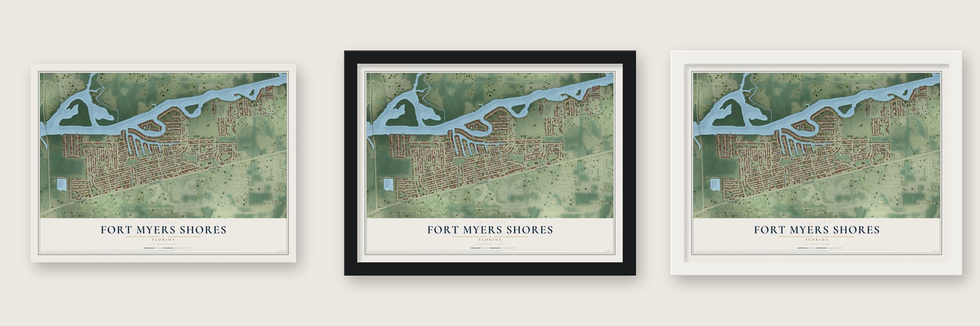 Fort Myers Shores, Florida map unframed, in a black wood frame and in a white wood frame