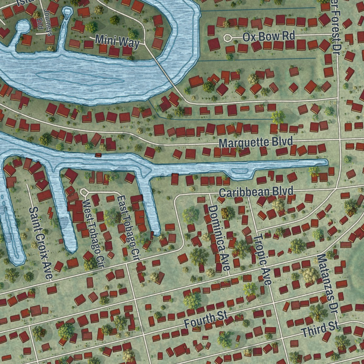 Second close-up of the map of Fort Myers Shores, Florida print showing more streets and buildings