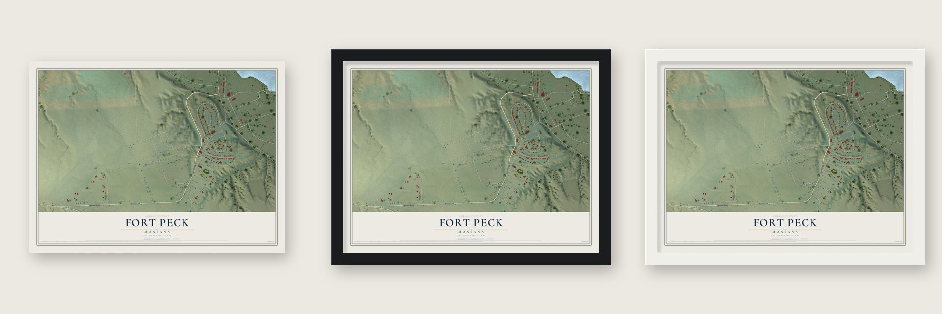 Fort Peck, Montana map unframed, in a black wood frame and in a white wood frame