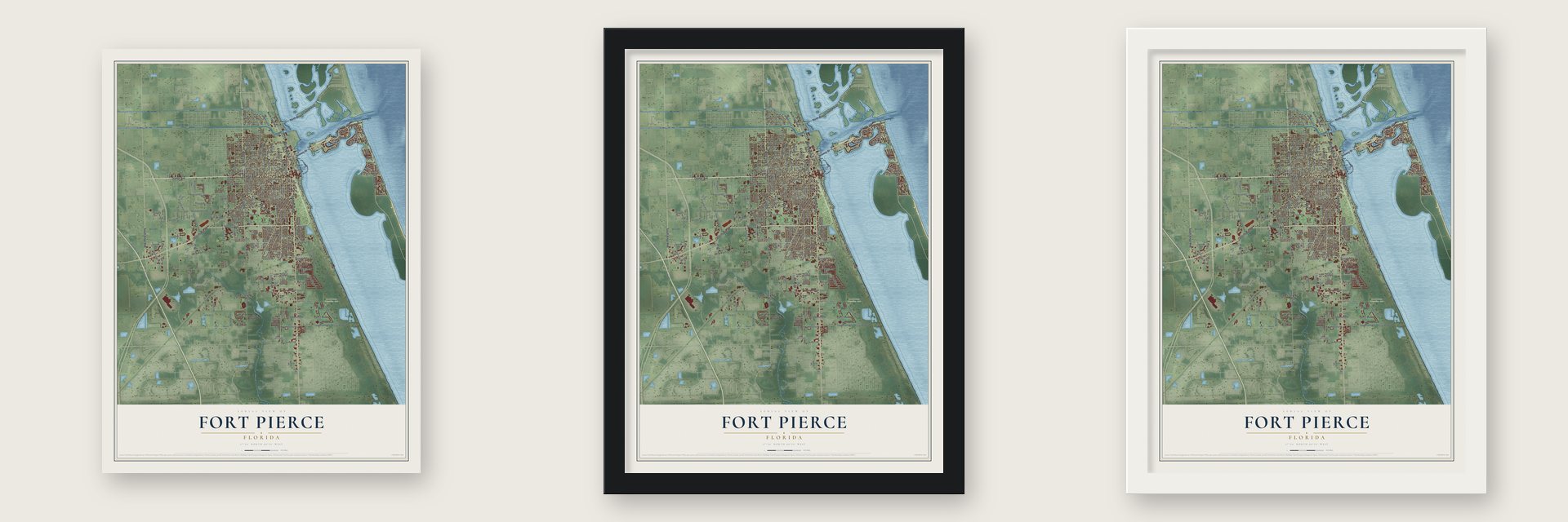 Fort Pierce, Florida map unframed, in a black wood frame and in a white wood frame