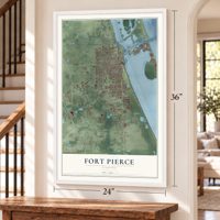 Fort Pierce, Florida map, 24 x 36 inch print in a white frame by a staircase