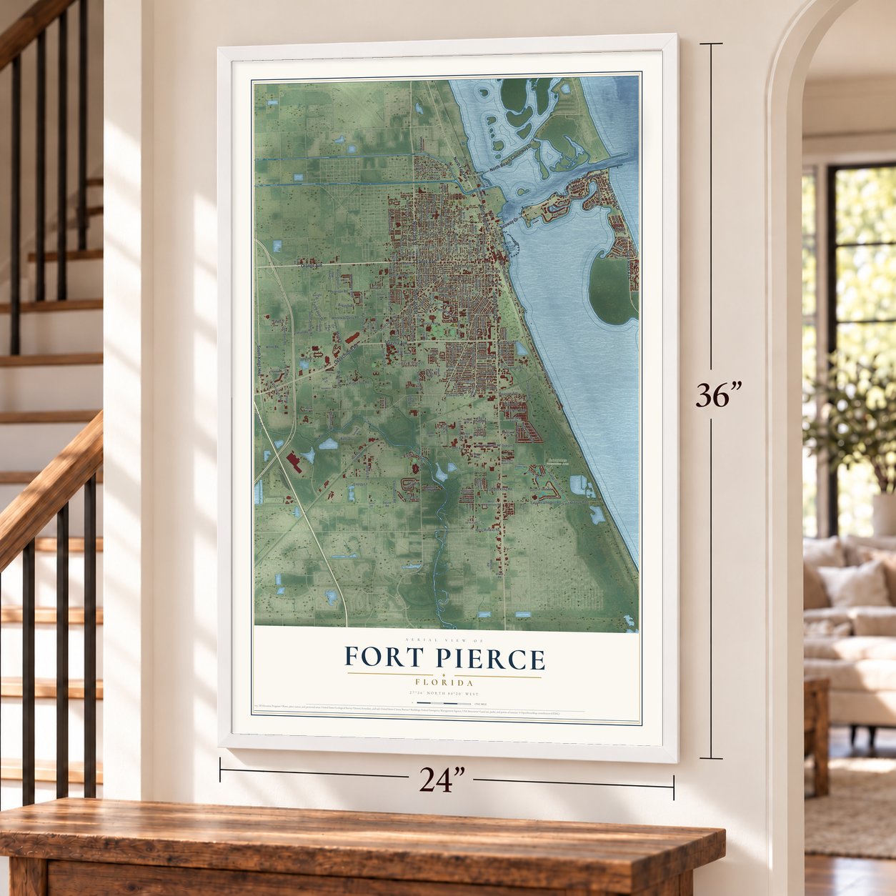Fort Pierce, Florida map, 24 x 36 inch print in a white frame by a staircase