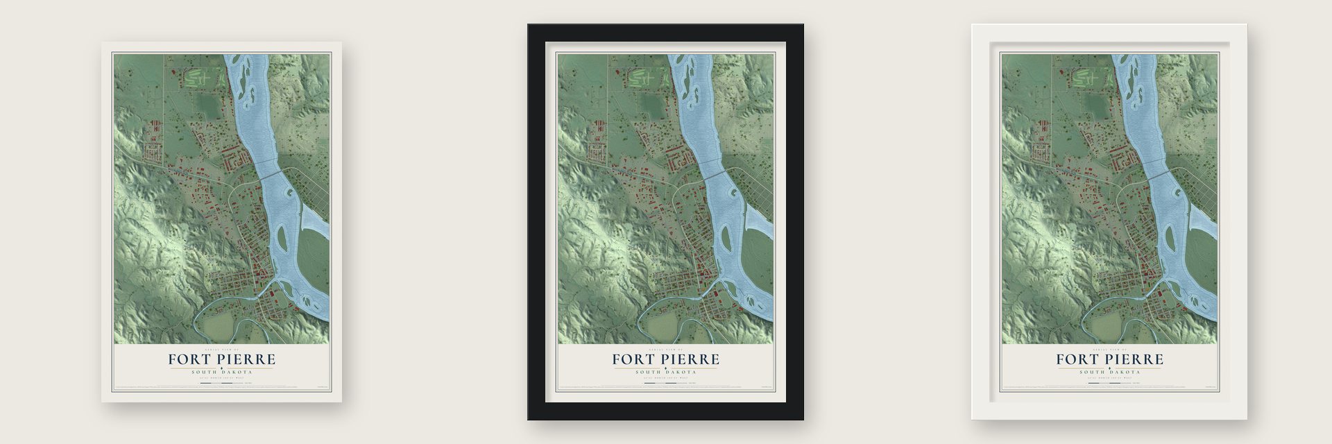 Fort Pierre, South Dakota map unframed, in a black wood frame and in a white wood frame