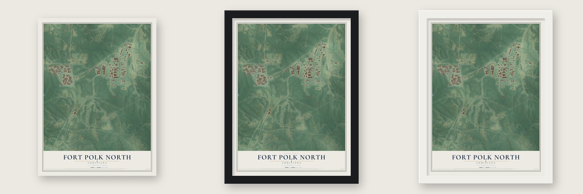 Fort Polk North, Louisiana map unframed, in a black wood frame and in a white wood frame