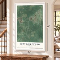 Fort Polk North, Louisiana map, 24 x 36 inch print in a white frame by a staircase