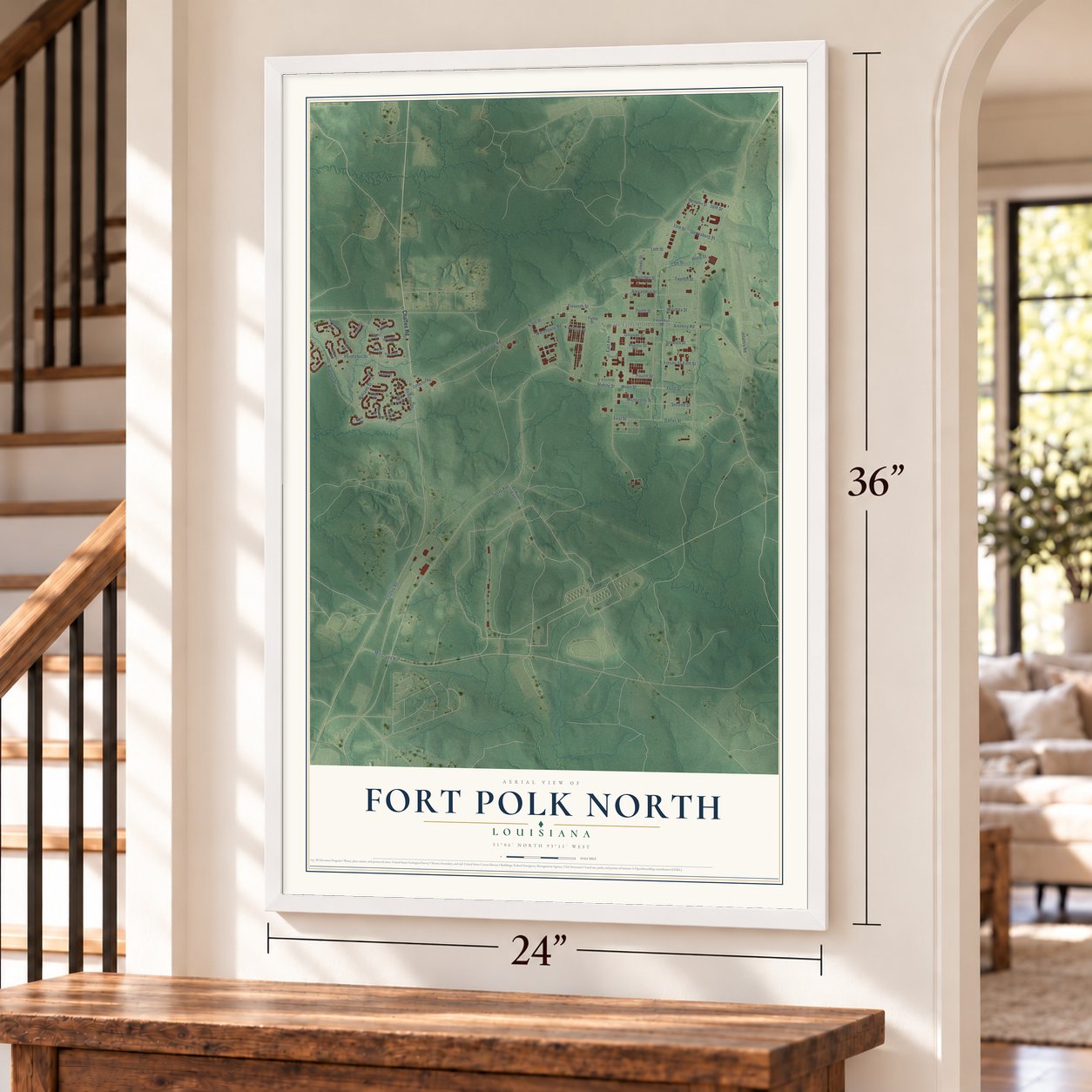 Fort Polk North, Louisiana map, 24 x 36 inch print in a white frame by a staircase