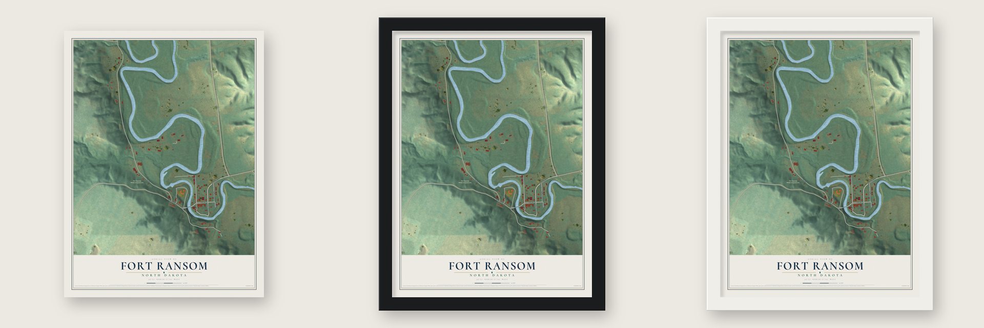 Fort Ransom, North Dakota map unframed, in a black wood frame and in a white wood frame