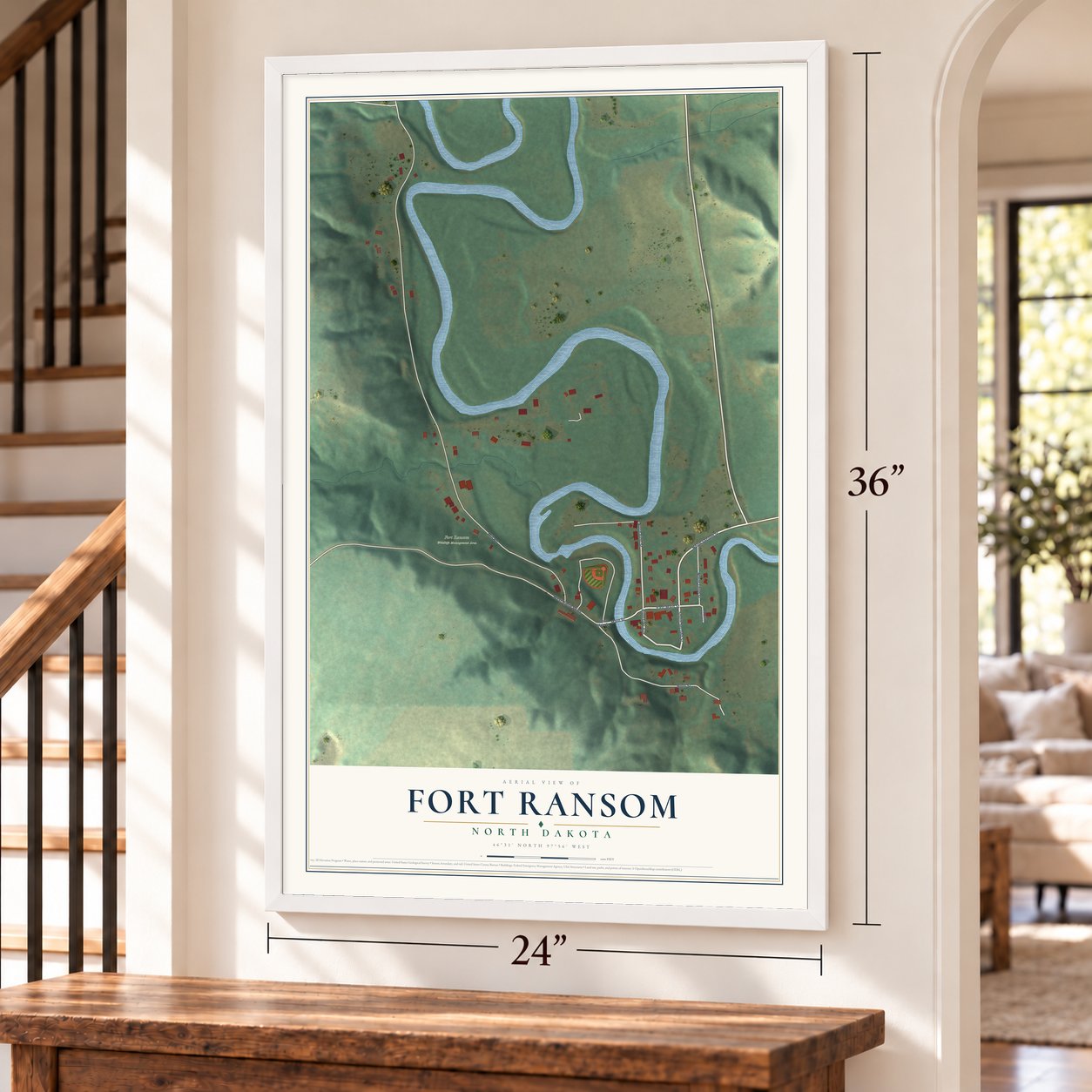 Fort Ransom, North Dakota map, 24 x 36 inch print in a white frame by a staircase