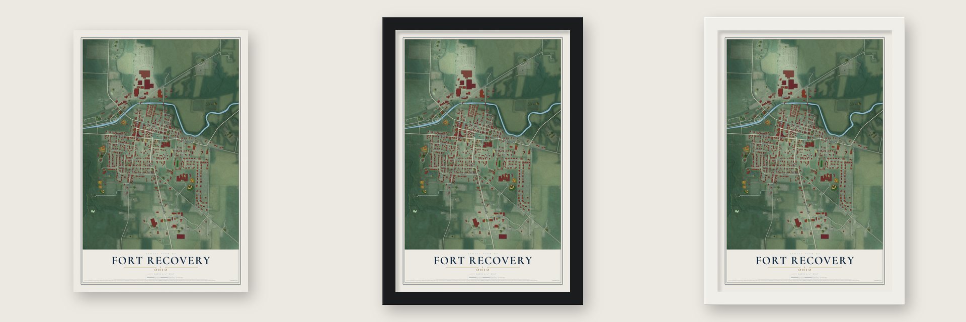 Fort Recovery, Ohio map unframed, in a black wood frame and in a white wood frame