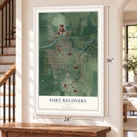 Fort Recovery, Ohio map, 24 x 36 inch print in a white frame by a staircase
