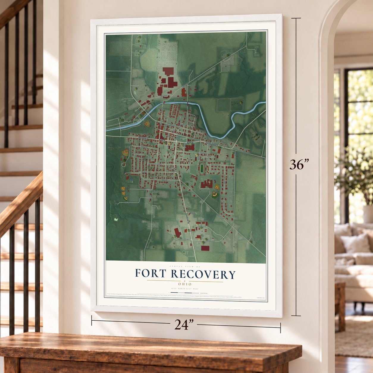 Fort Recovery, Ohio map, 24 x 36 inch print in a white frame by a staircase