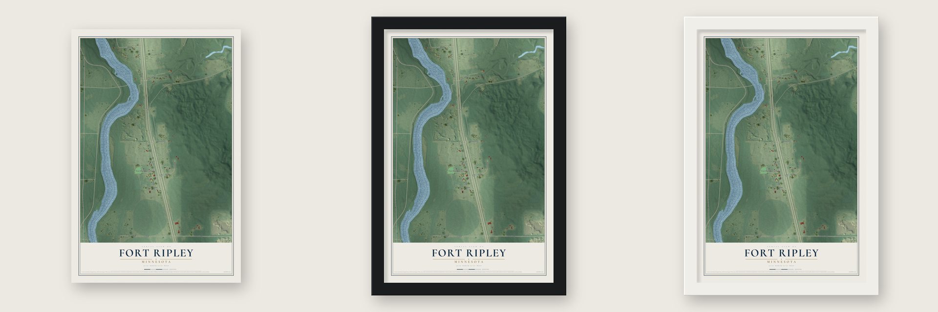 Fort Ripley, Minnesota map unframed, in a black wood frame and in a white wood frame