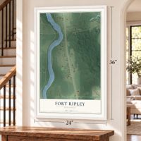 Fort Ripley, Minnesota map, 24 x 36 inch print in a white frame by a staircase