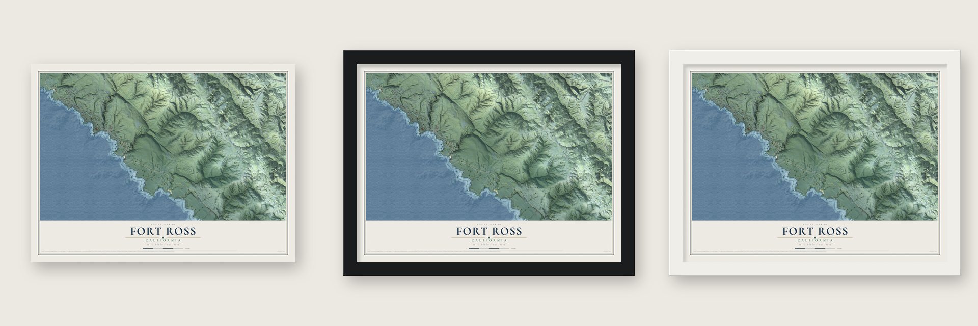 Fort Ross, California map unframed, in a black wood frame and in a white wood frame