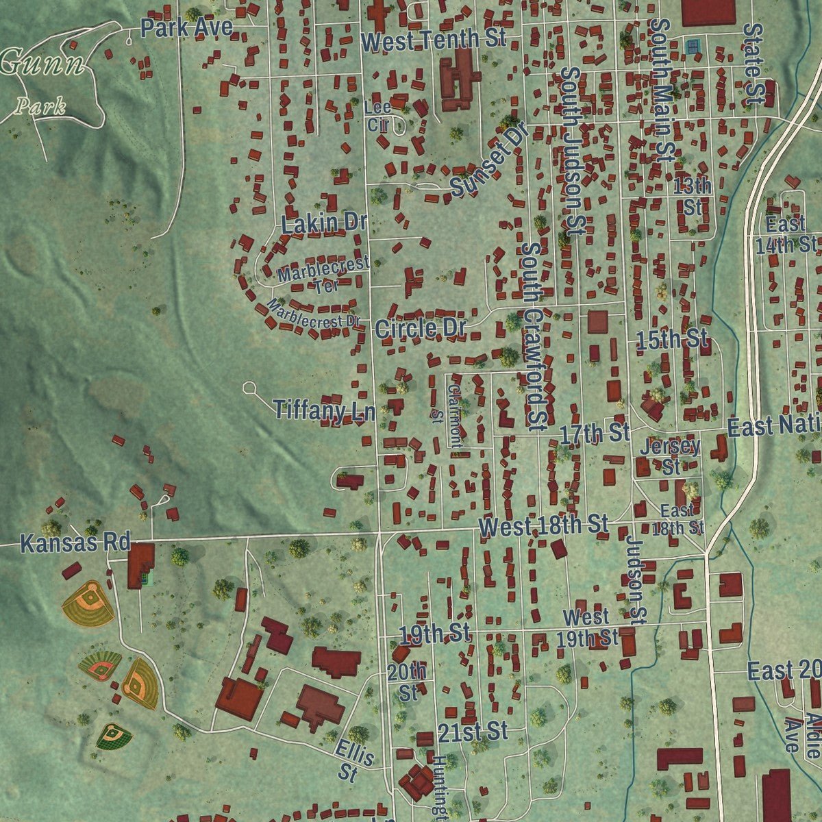 Second close-up of the map of Fort Scott, Kansas print showing more streets and buildings