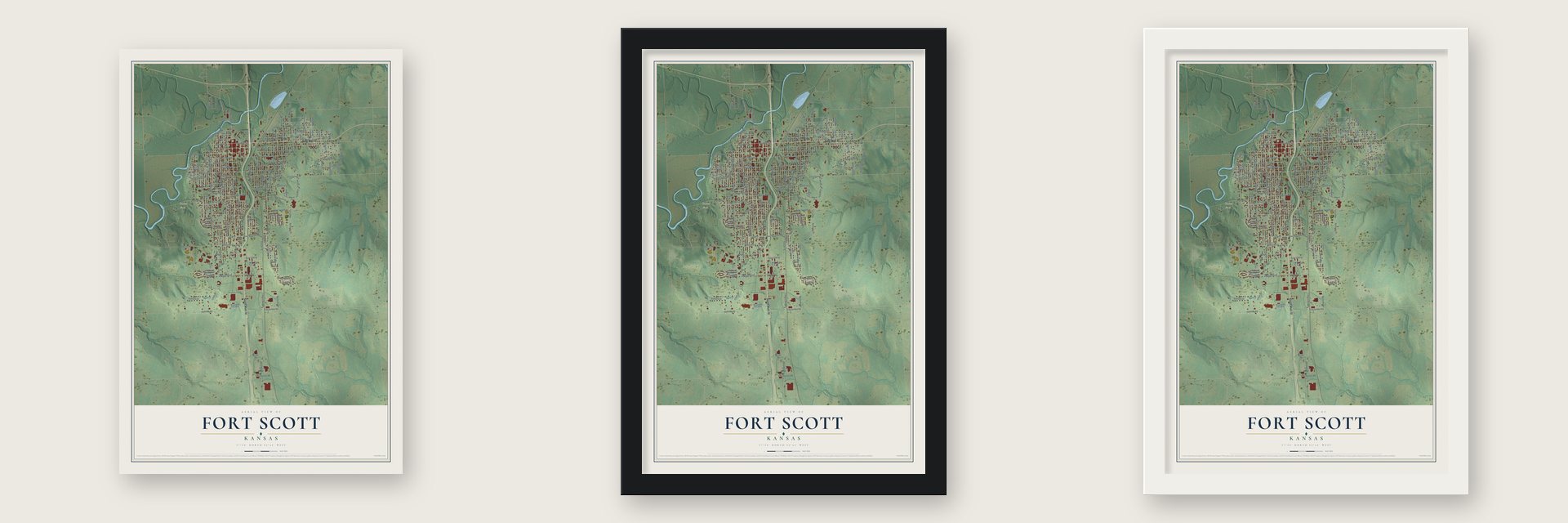 Fort Scott, Kansas map unframed, in a black wood frame and in a white wood frame