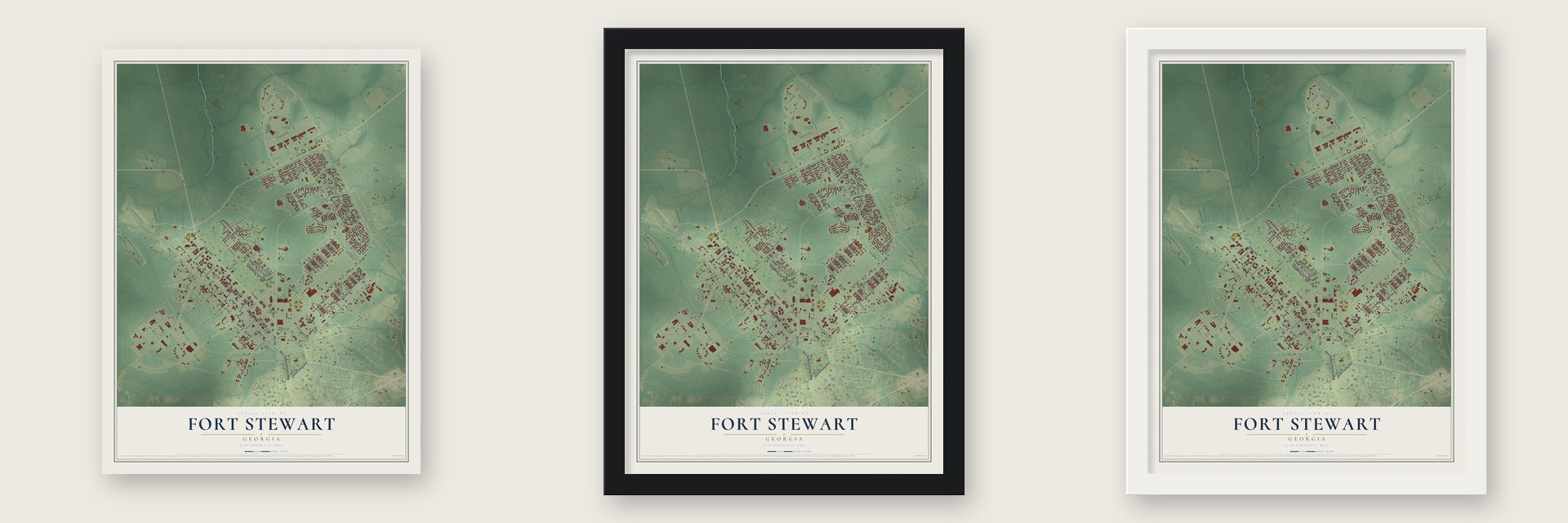 Fort Stewart, Georgia map unframed, in a black wood frame and in a white wood frame
