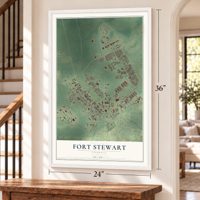 Fort Stewart, Georgia map, 24 x 36 inch print in a white frame by a staircase