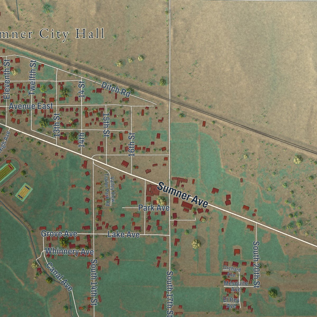 Second close-up of the map of Fort Sumner, New Mexico print showing more streets and buildings