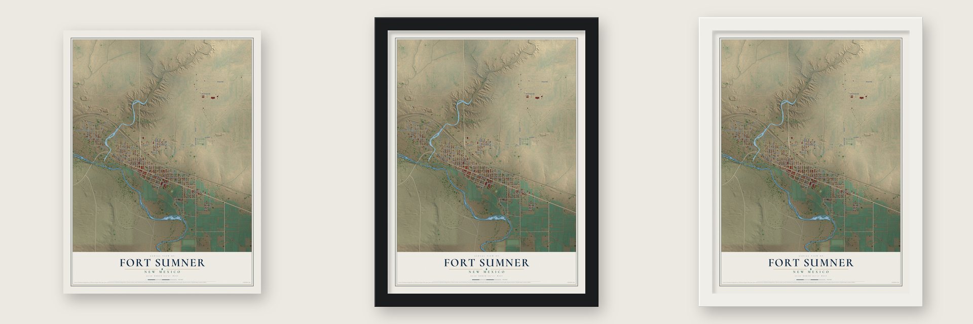 Fort Sumner, New Mexico map unframed, in a black wood frame and in a white wood frame