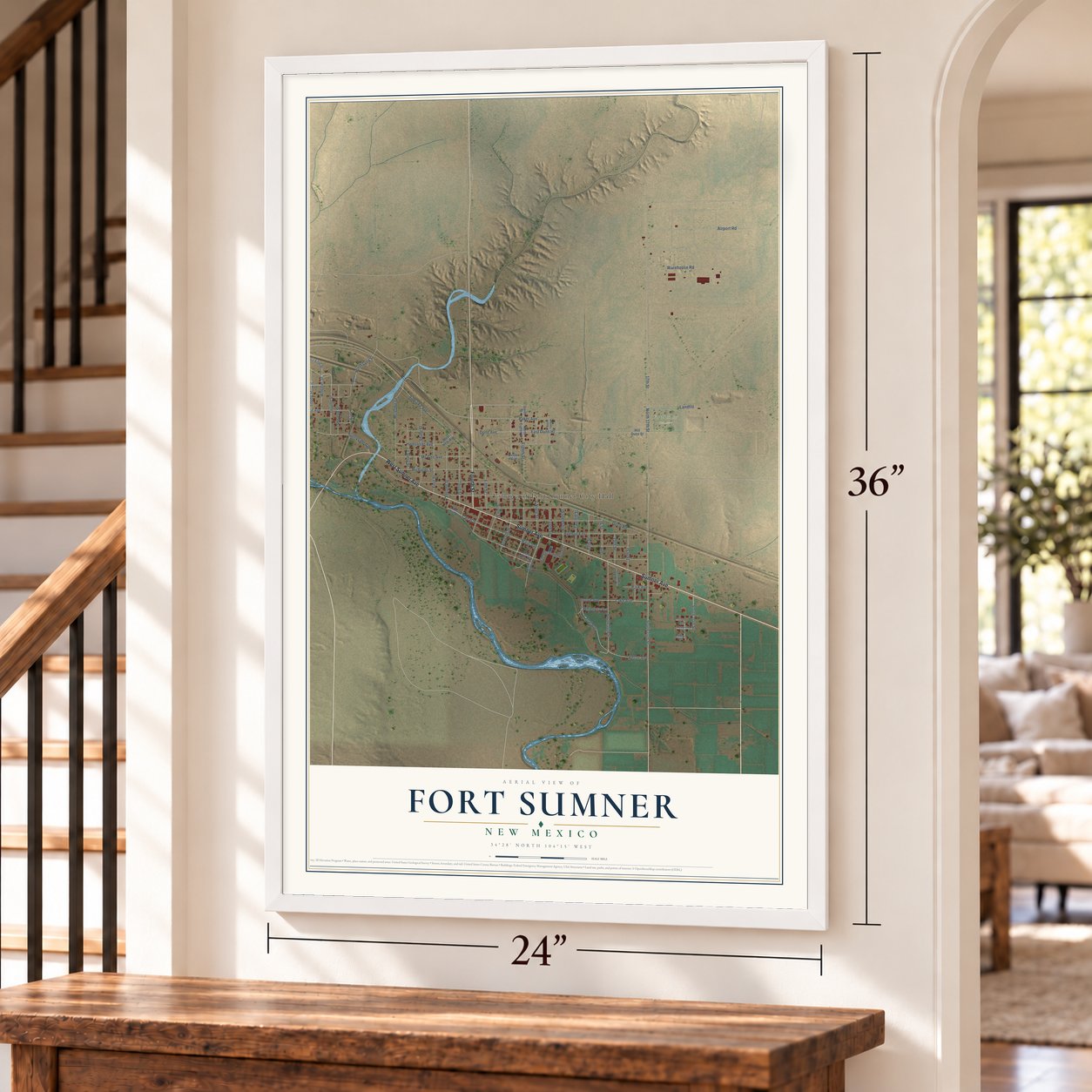 Fort Sumner, New Mexico map, 24 x 36 inch print in a white frame by a staircase