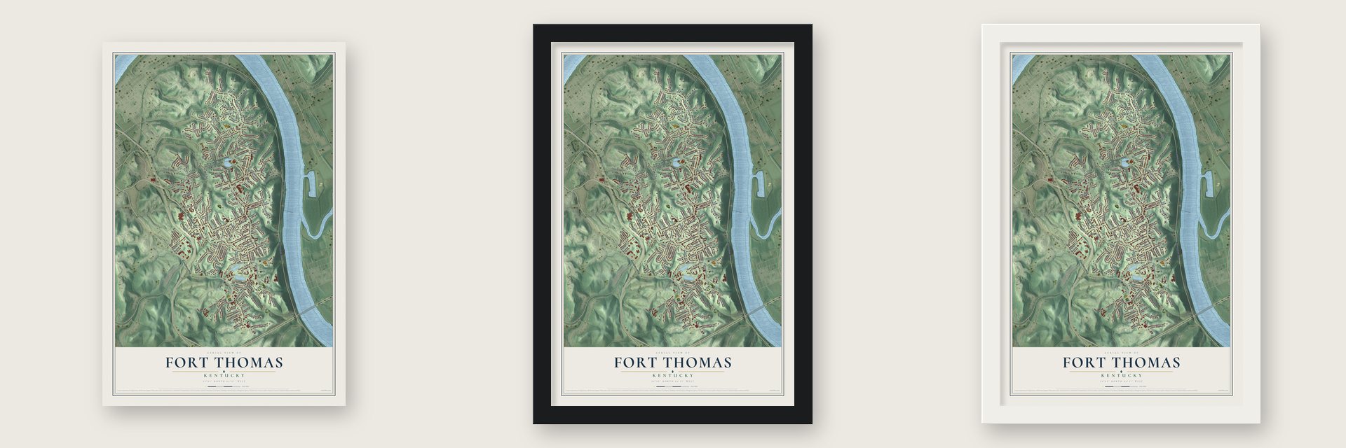Fort Thomas, Kentucky map unframed, in a black wood frame and in a white wood frame