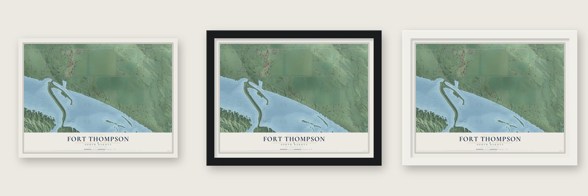Fort Thompson, South Dakota map unframed, in a black wood frame and in a white wood frame
