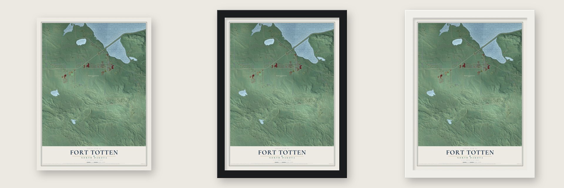 Fort Totten, North Dakota map unframed, in a black wood frame and in a white wood frame