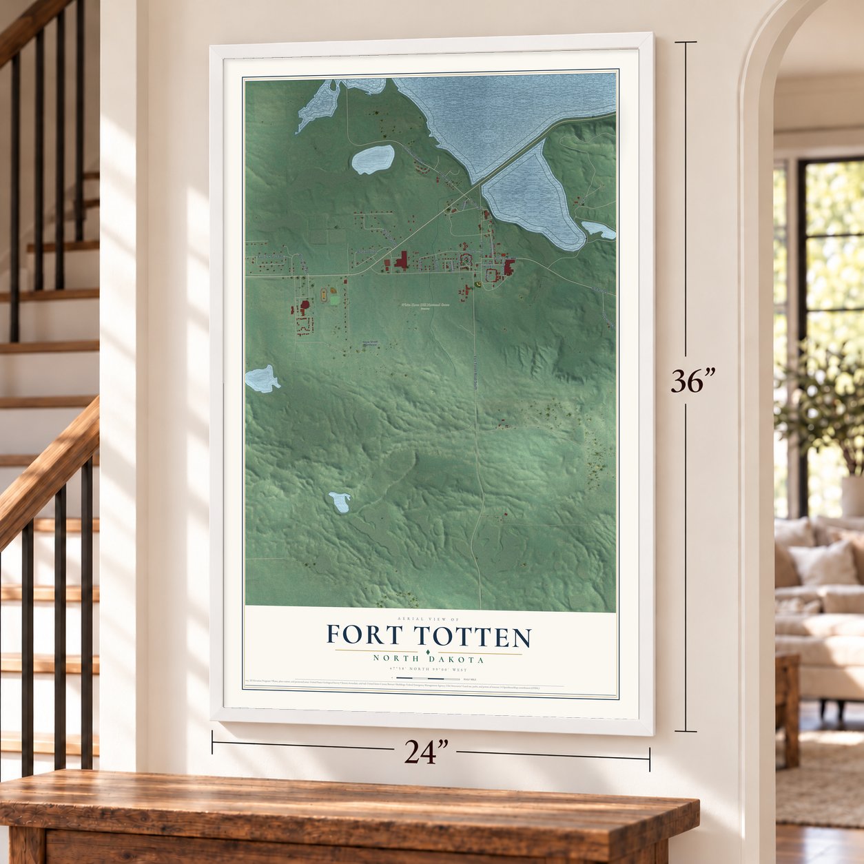 Fort Totten, North Dakota map, 24 x 36 inch print in a white frame by a staircase