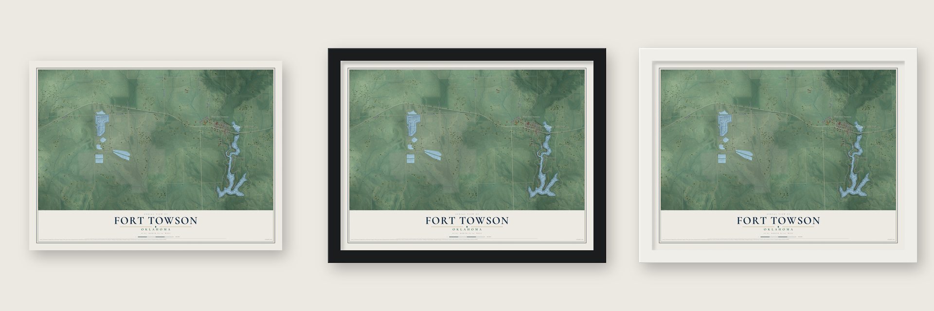 Fort Towson, Oklahoma map unframed, in a black wood frame and in a white wood frame