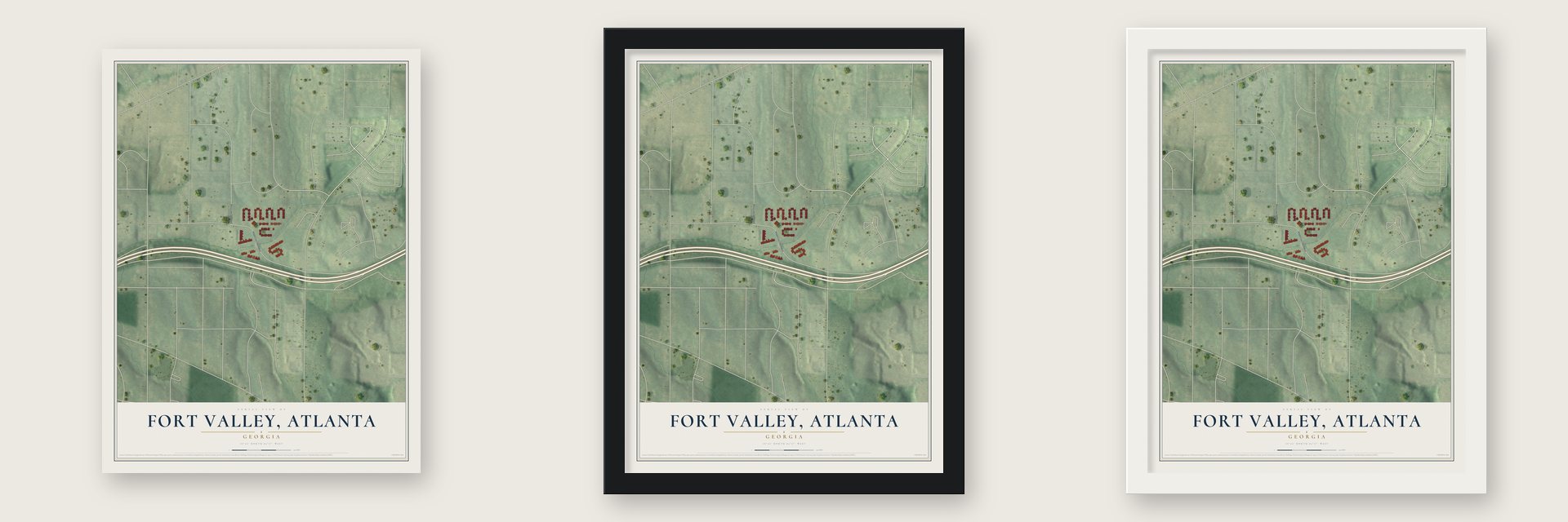 Fort Valley (Atlanta), Georgia map unframed, in a black wood frame and in a white wood frame
