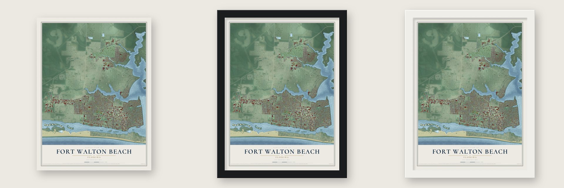 Fort Walton Beach, Florida map unframed, in a black wood frame and in a white wood frame
