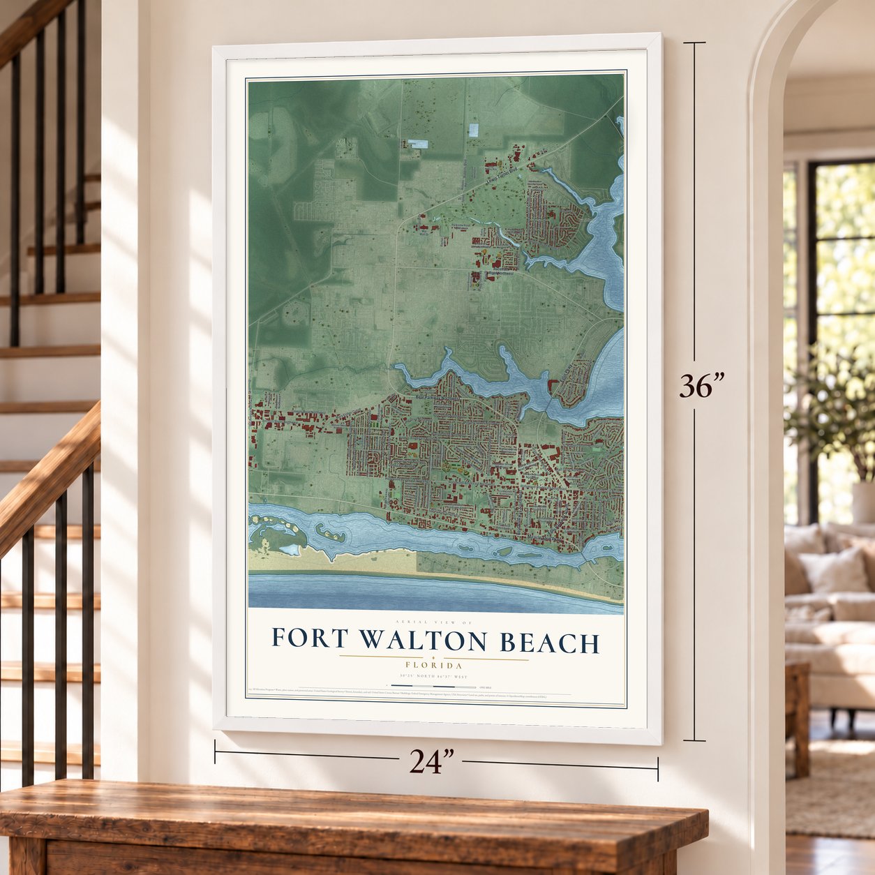 Fort Walton Beach, Florida map, 24 x 36 inch print in a white frame by a staircase