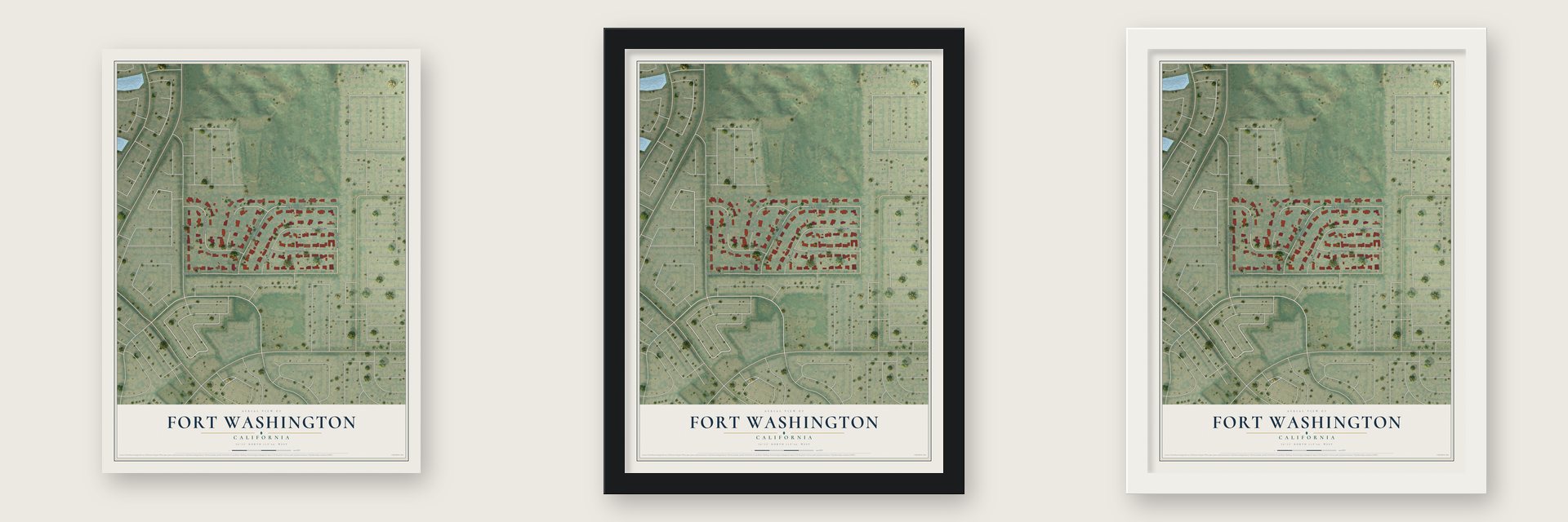 Fort Washington, California map unframed, in a black wood frame and in a white wood frame