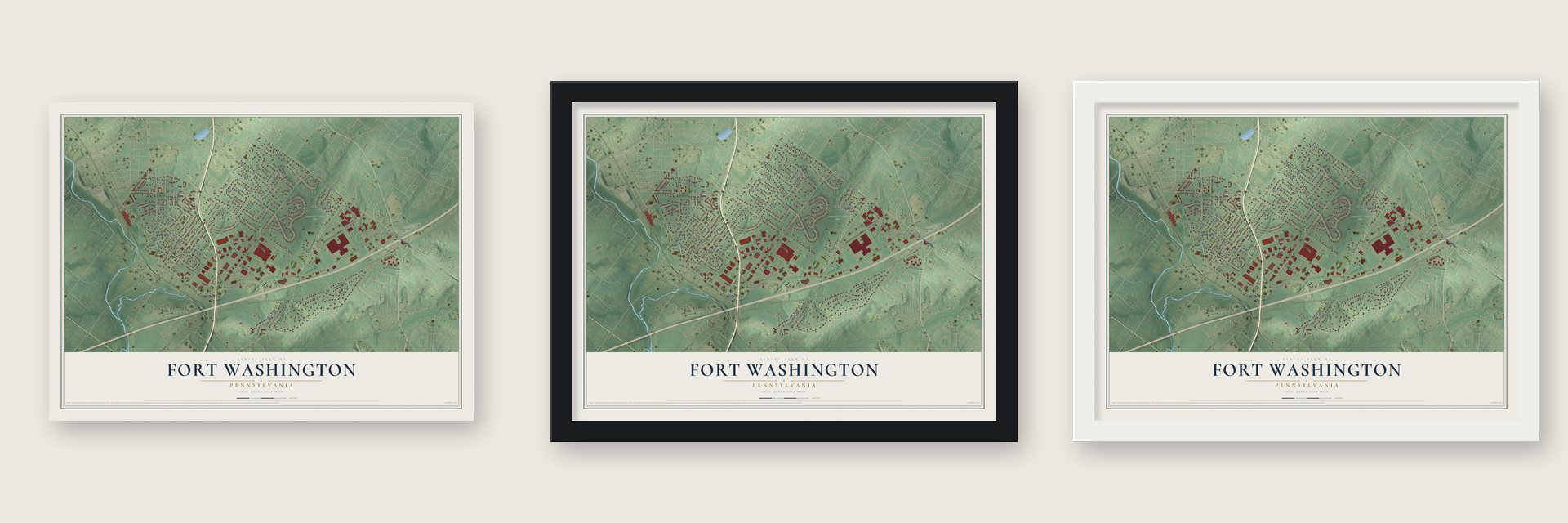 Fort Washington, Pennsylvania map unframed, in a black wood frame and in a white wood frame