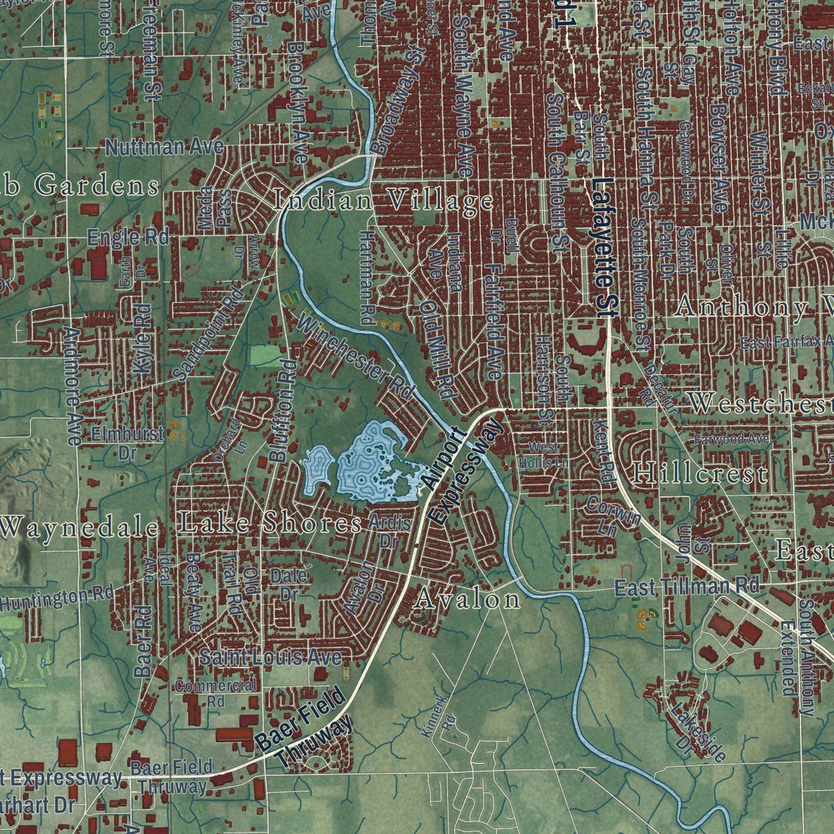 Second close-up of the map of Fort Wayne, Indiana print showing more streets and buildings